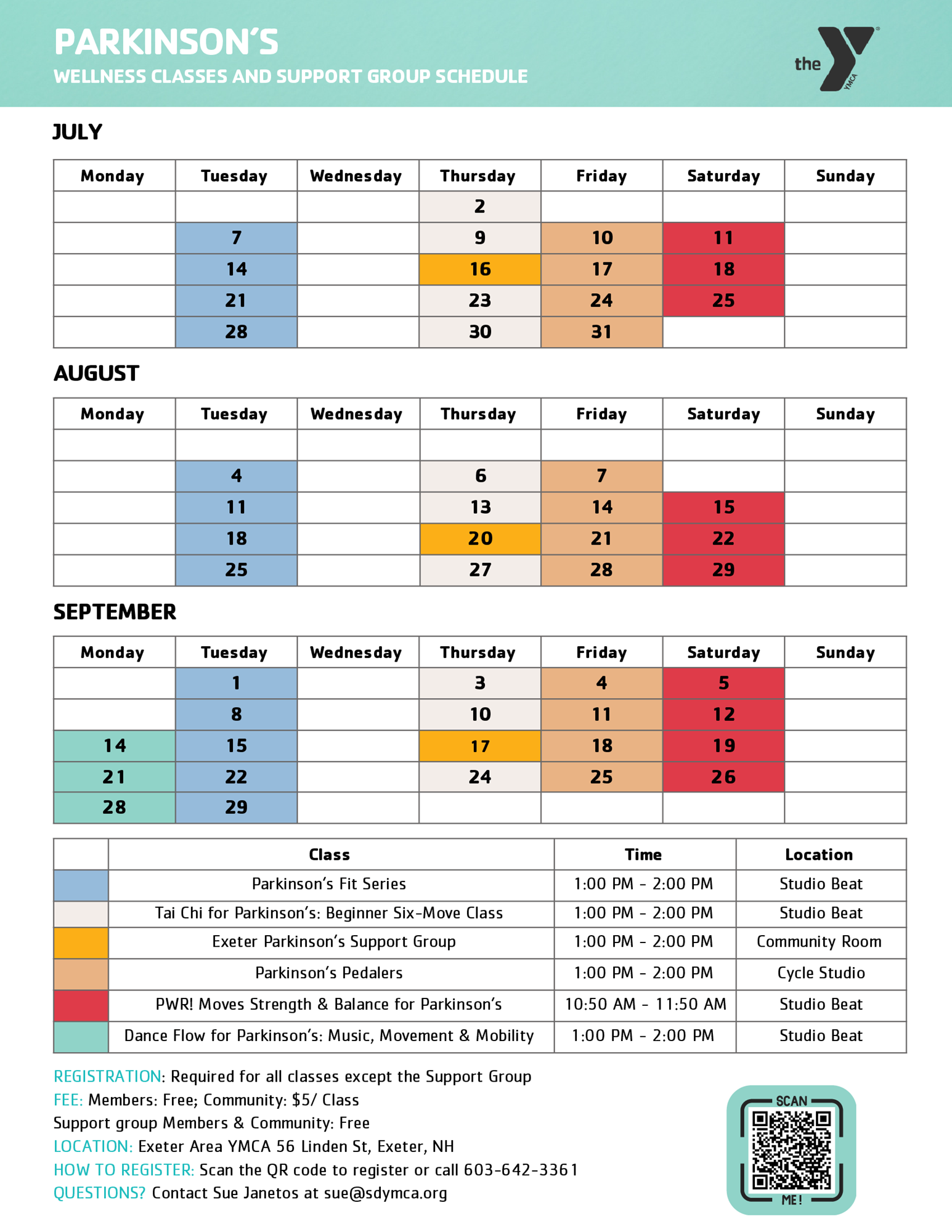 Schedule for Parkinson's Programs offered at the YMCA.