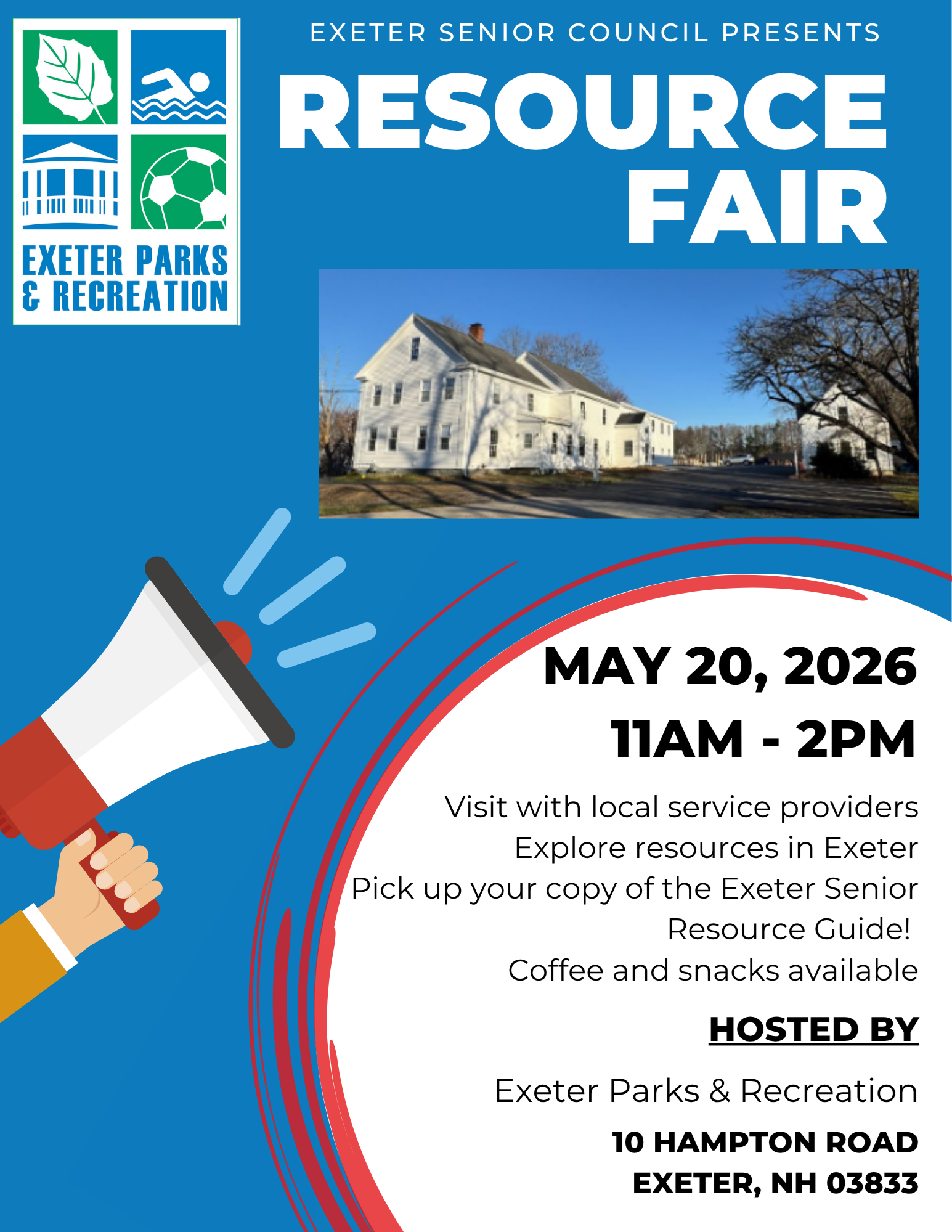 Exeter Senior Council presents a Resource Fair on Wednesday, May 20 from 11 AM - 2 PM, hosted by Exeter Parks & Rec at 10 Hampton Road, Exeter, NH.