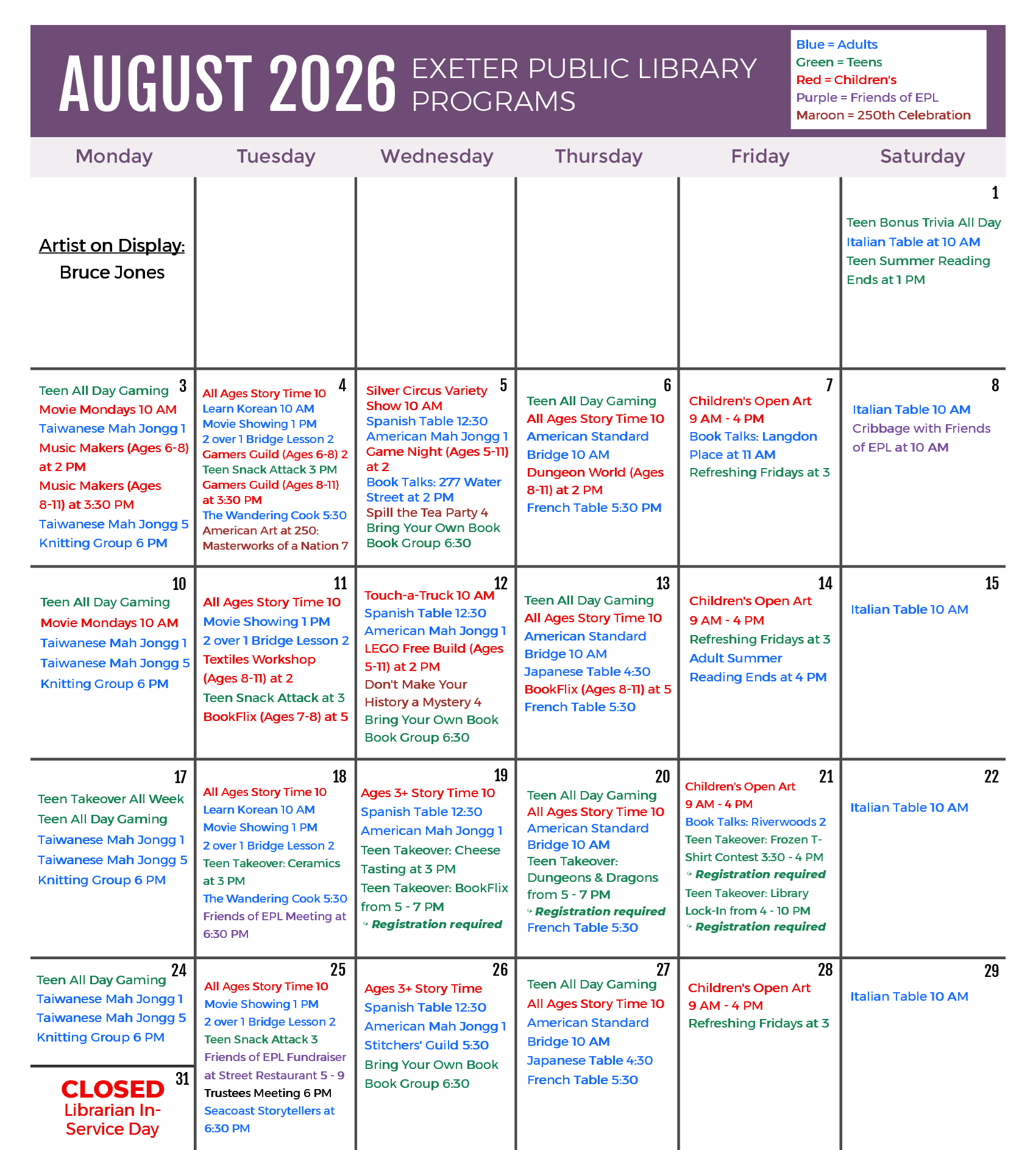 August 2026 Programs Calendar