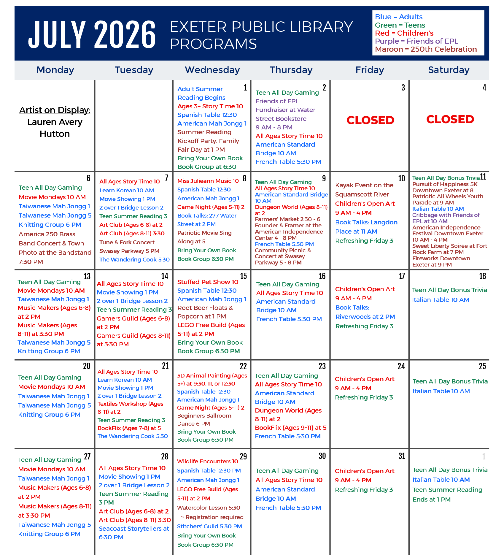 July 2026 Programs Calendar