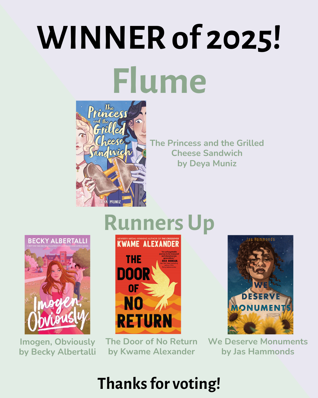 Flume Award Winner 2025: The Princess and the Grilled Cheese Sandwich by Deya Muniz. Runners Up: Imogen, Obviously by Becky Albertalli, The Door of No Return by Kwame Alexander, and We Deserve Monuments by Jas Hammonds.