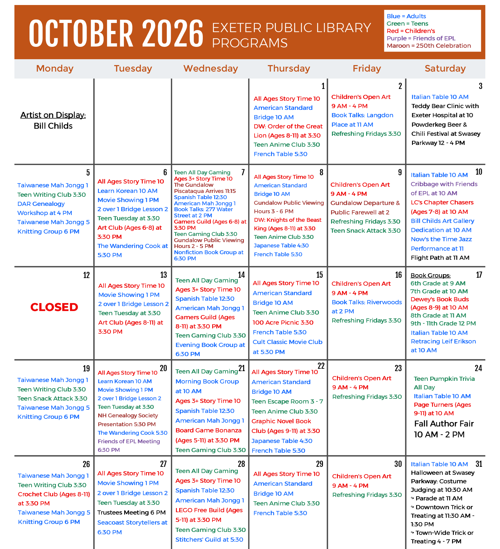 October 2026 Programs Calendar