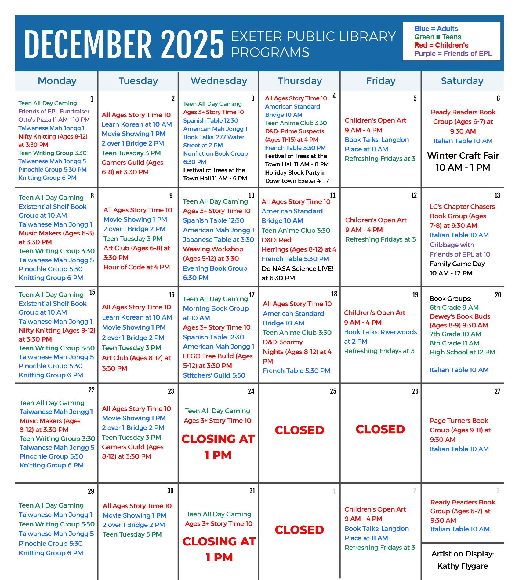 December 2025 Programs Calendar