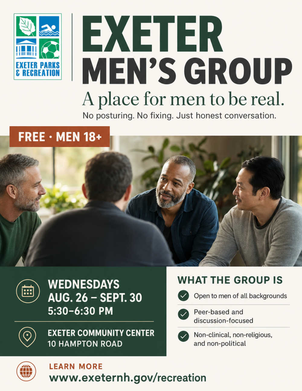 Exeter Men's Group will meet at the Exeter Community Center on 10 Hampton Road on Wednesdays at 5:30 PM starting on August 26 through September 30.