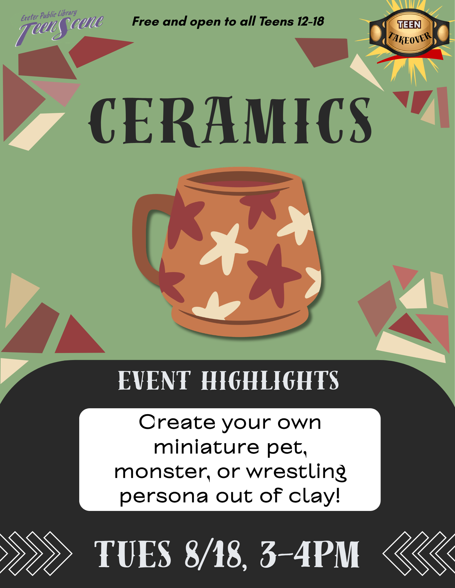 Ceramics on Tuesday, August 18 at 3 PM. Create your own miniature pet, monster, or wrestling persona out of clay!