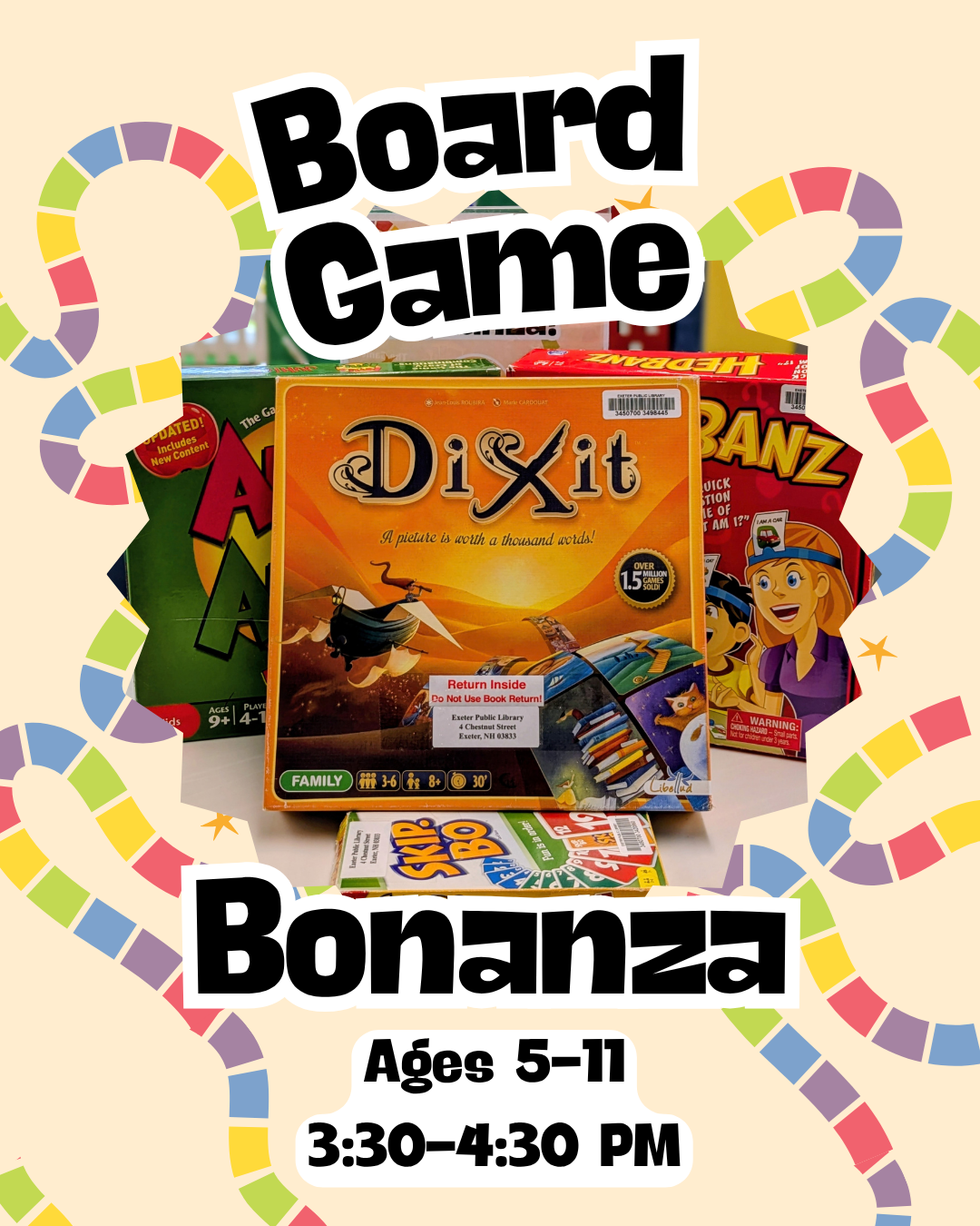 Board Game Bonanza (Ages 5-11) on Wednesday, October 21.