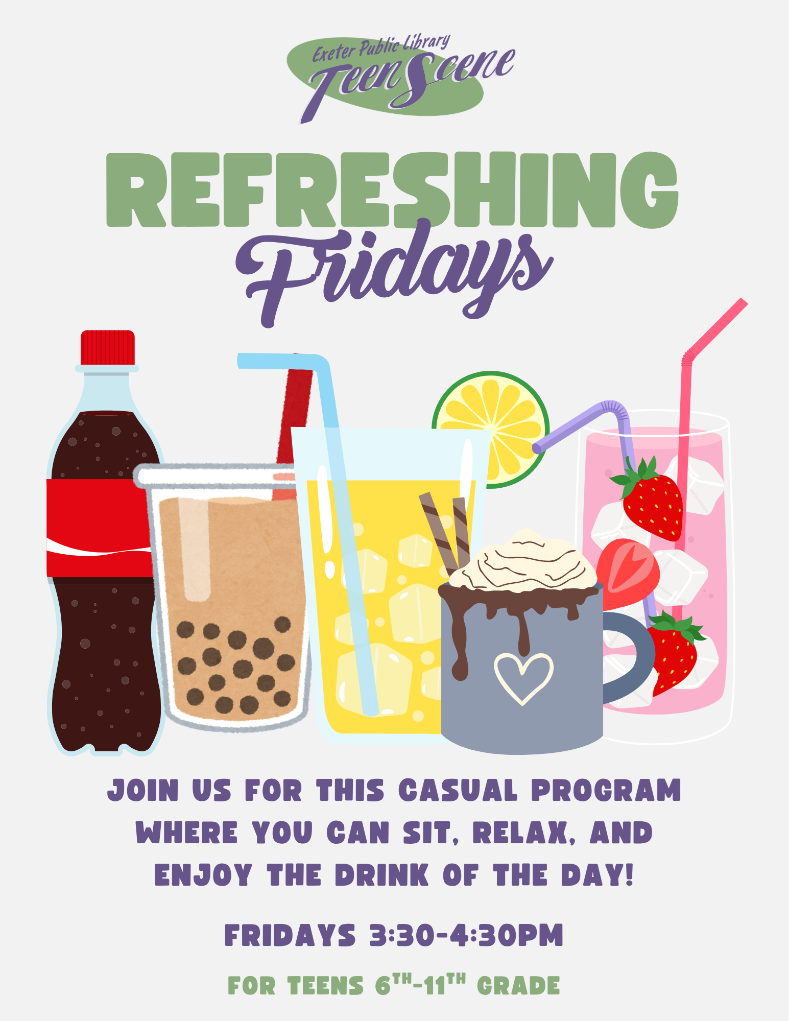 Refreshing Fridays on Fridays at 3:30 PM. Join us for this casual program where you can sit, relax, and enjoy the drink of the day!