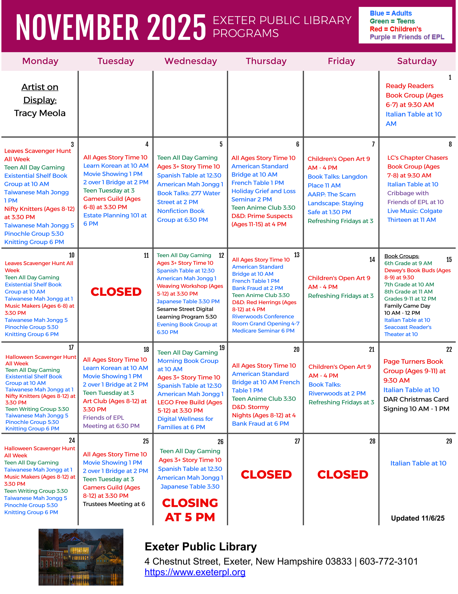 November 2025 Programs Calendar