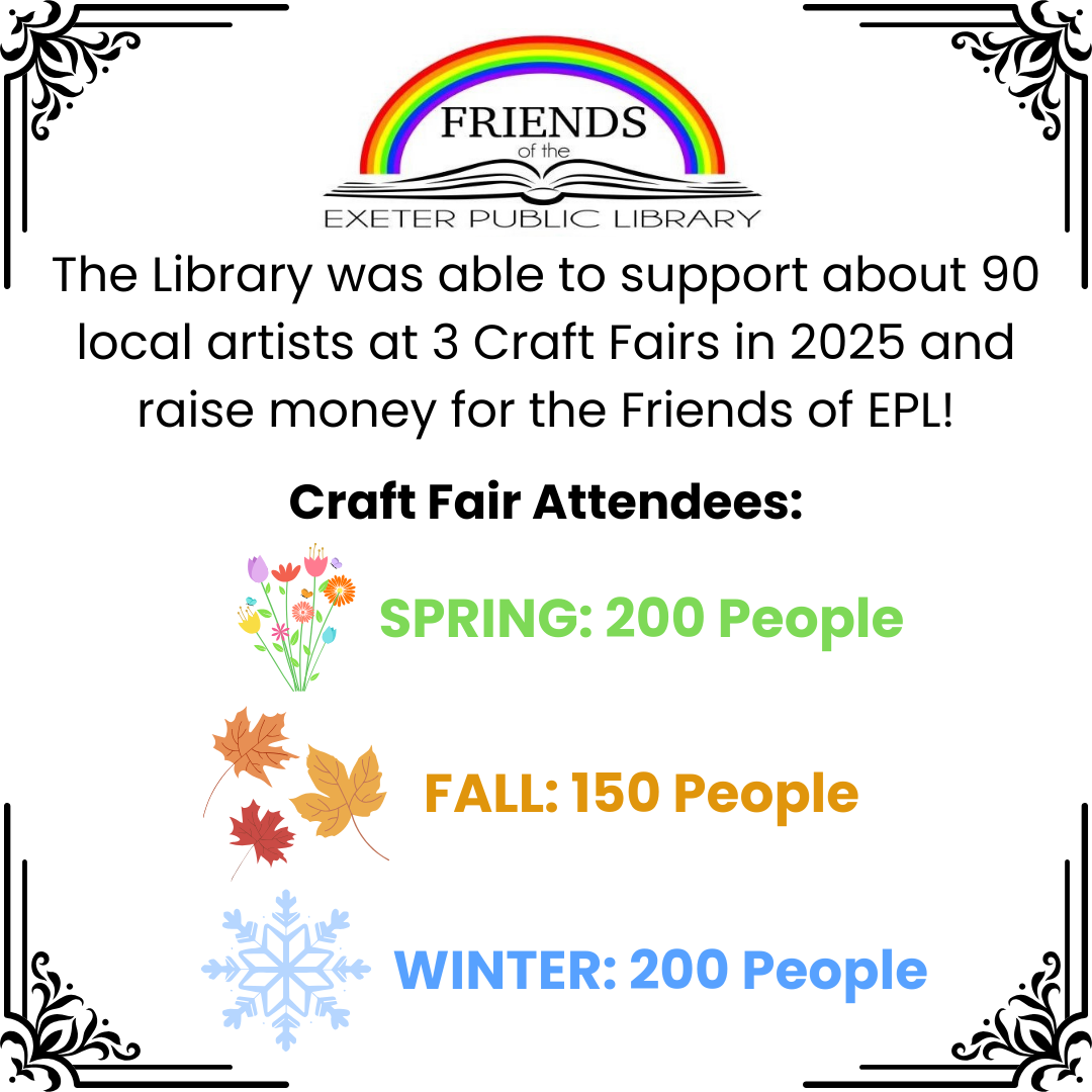 Craft Fairs: The library was able to support about 90 local artists at 3 Craft Fairs in 2025 and raise money for the Friends of EPL! Attendees - Spring: 200 people, Fall: 150 people, Winter: 200 people.