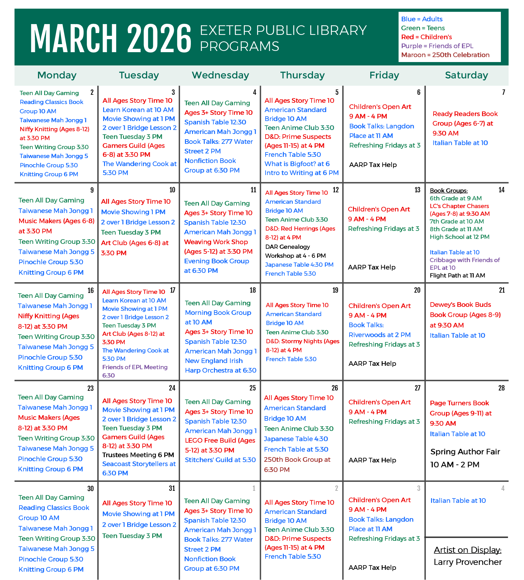 March 2026 Programs Calendar