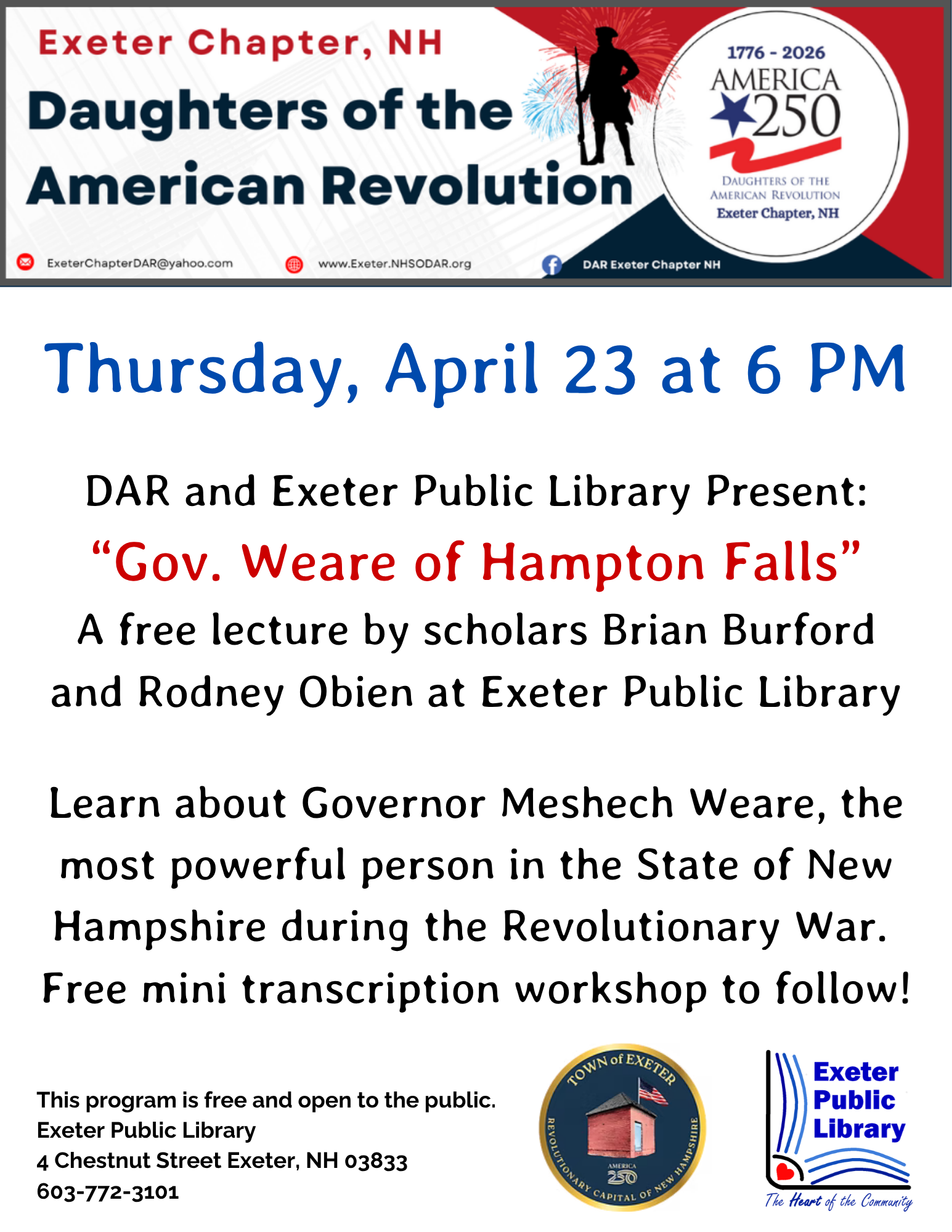 DAR and Exeter Public Library Present: "Gov. Weare of Hampton Falls" on Thursday, April 23 at 6 PM. DAR and Exeter Public Library Present: "Gov. Weare of Hampton Falls" on Thursday, April 23 at 6 PM.