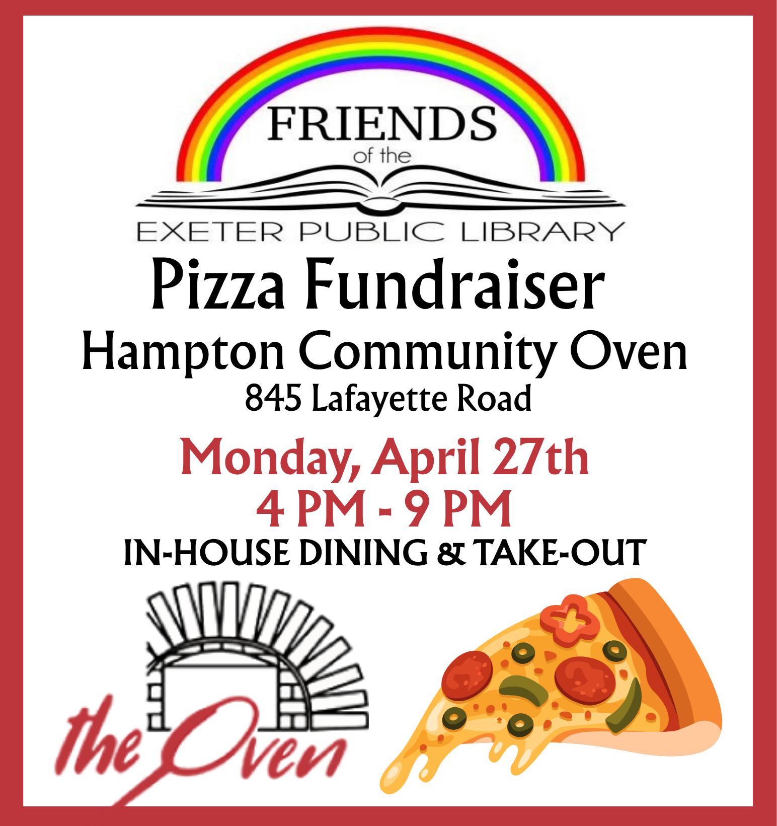 Friends of EPL Fundraiser at Hampton Community Oven on Monday, April 27 from 4 PM - 9 PM. In-house dining and take-out.