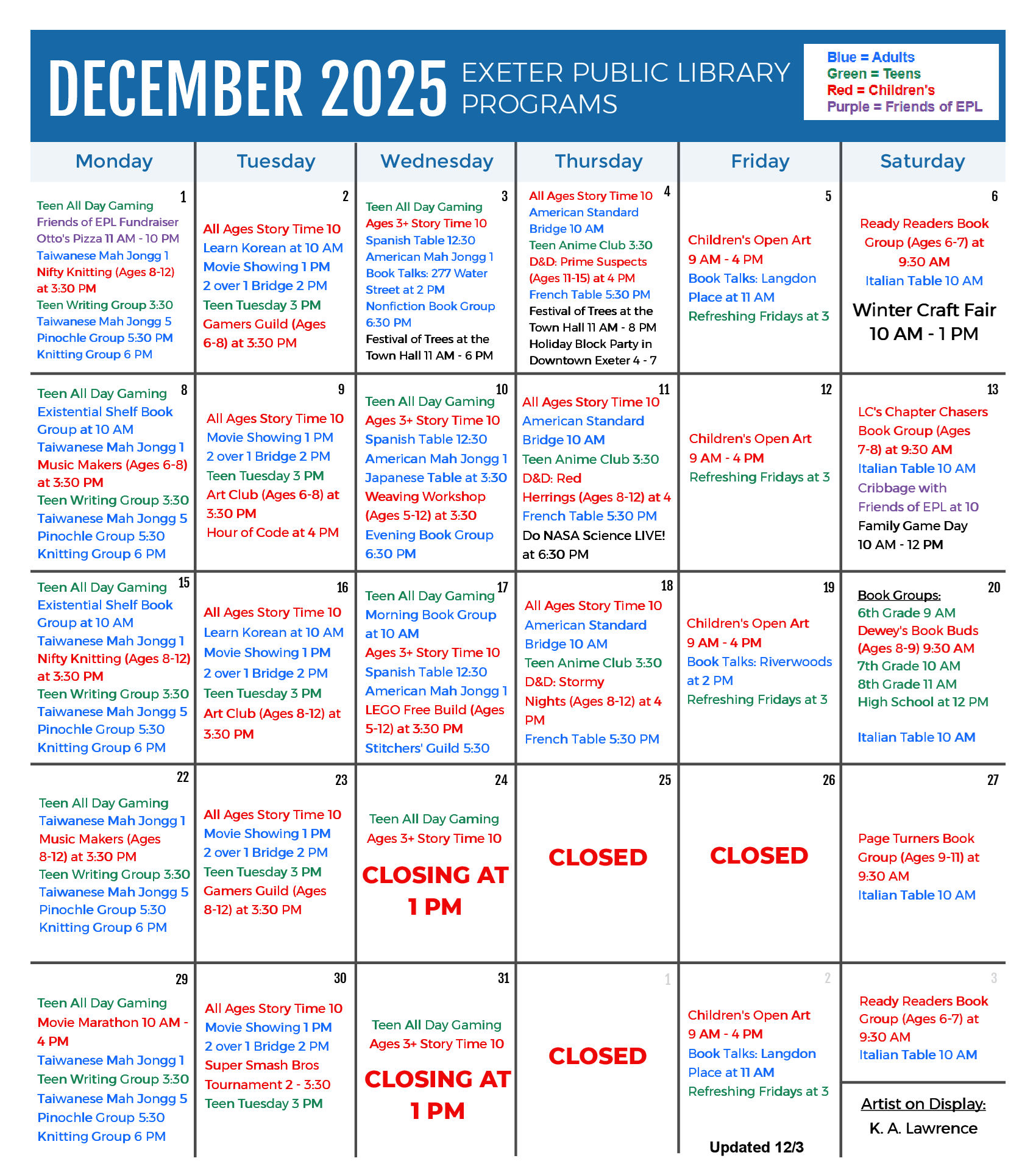 December 2025 Programs Calendar