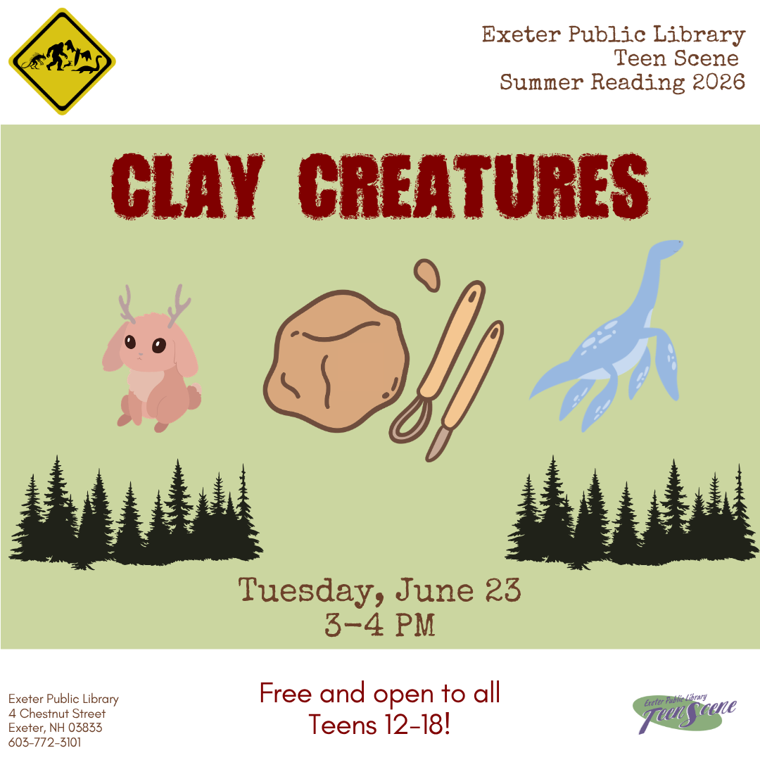 Teen Tuesday: Clay Creatures on June 23 from 3 - 4 PM.