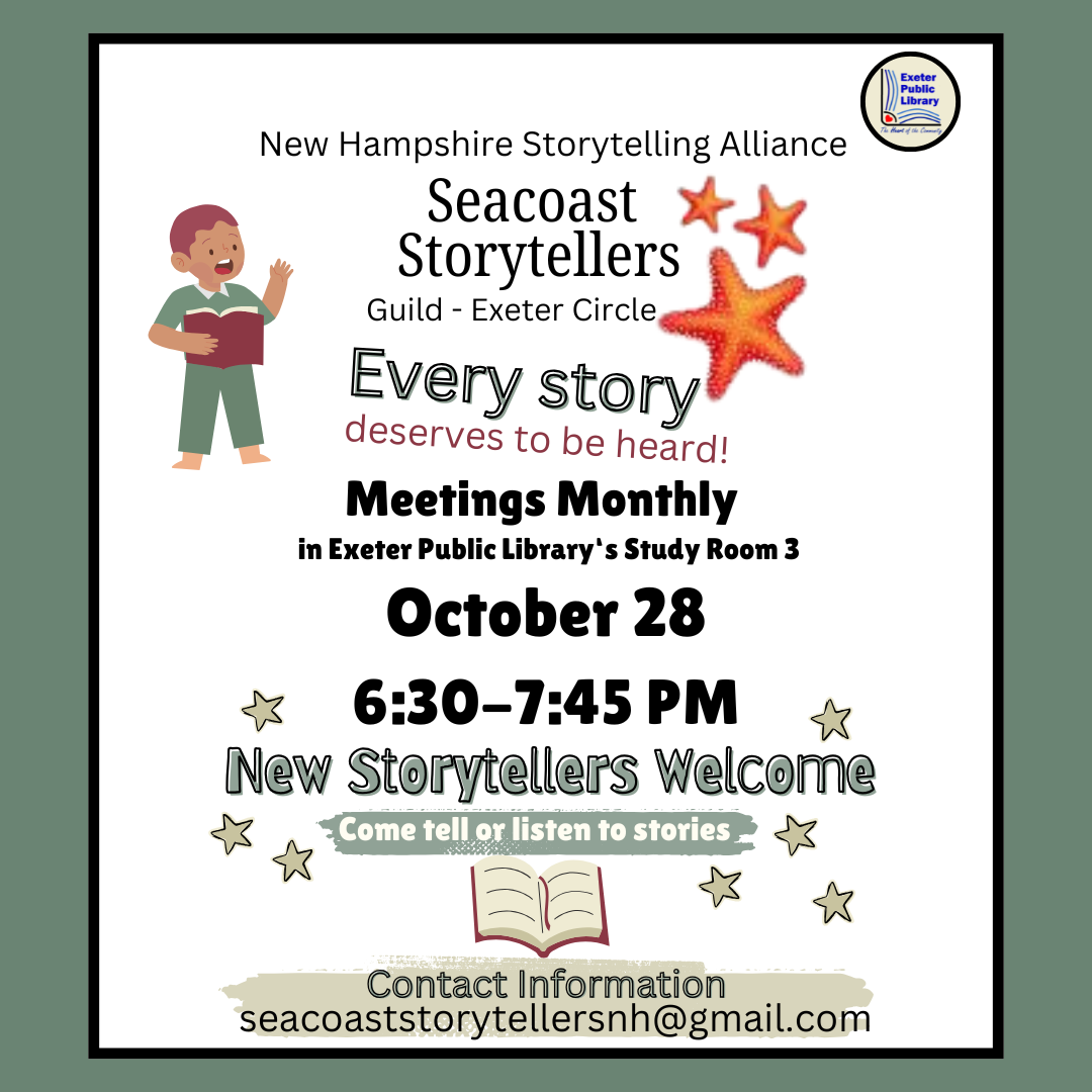 Seacoast Storytellers will meet on Tuesday, October 28 at 6:30 PM.