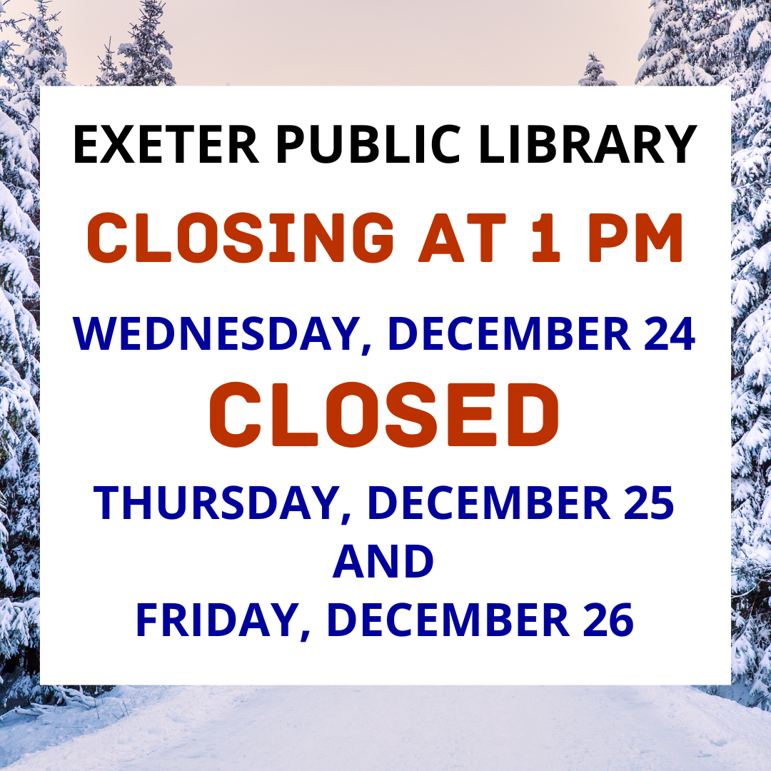 The library will close at 1 PM on Wednesday, December 24 and be closed on Thursday, December 25 and Friday, December 26.