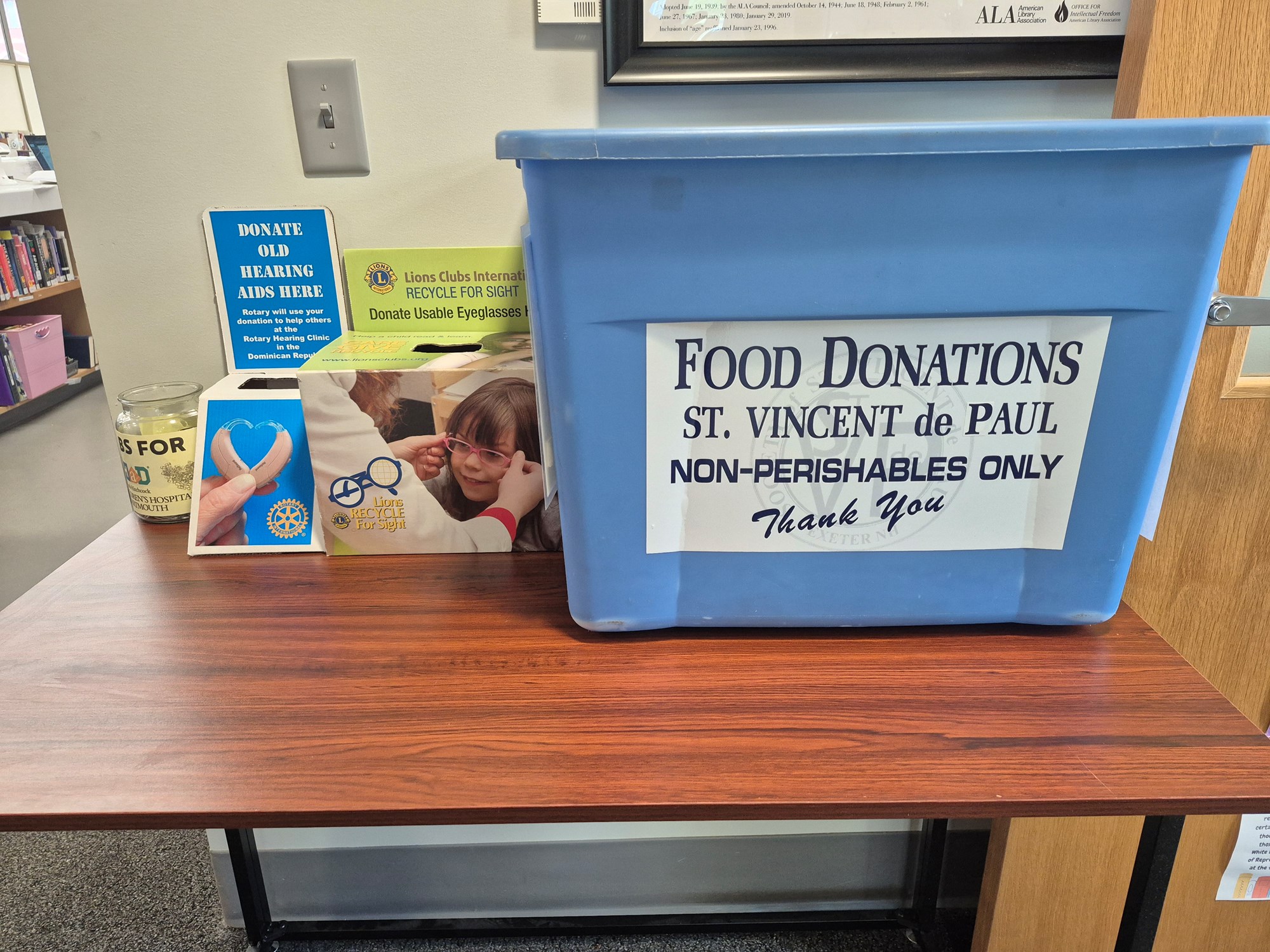 The library accepts donations for St. Vincent de Paul of Exeter and Lions Club International The library accepts donations for St. Vincent de Paul of Exeter and Lions Club International