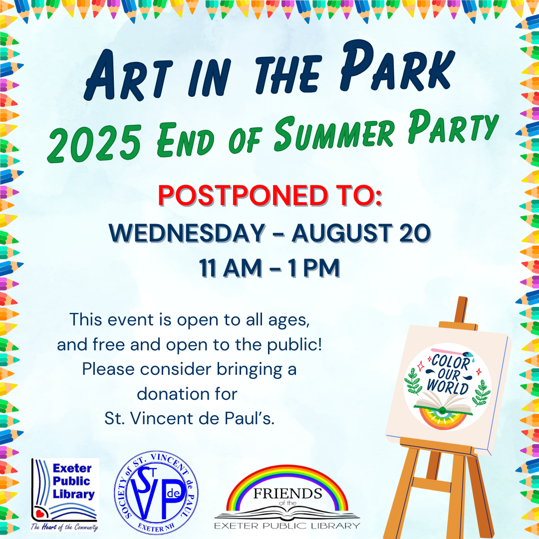 Art in the Park has been postponed to Wednesday, August 20 from 11 AM - 1 PM. Art in the Park has been postponed to Wednesday, August 20 from 11 AM - 1 PM.