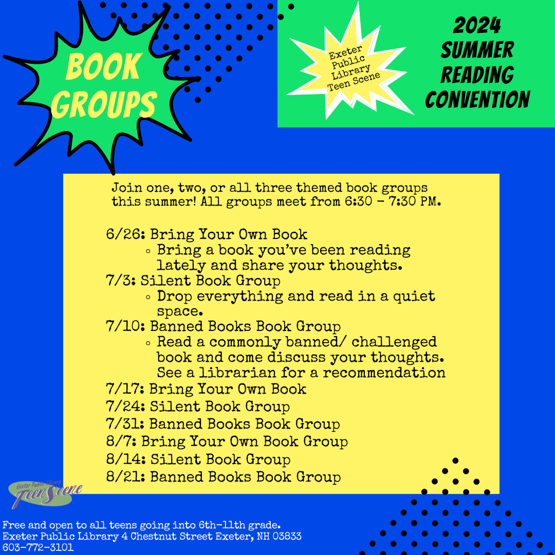 Book Groups Join one, two, or all three themed book groups. All groups meet from 6:30 to 7:30 PM