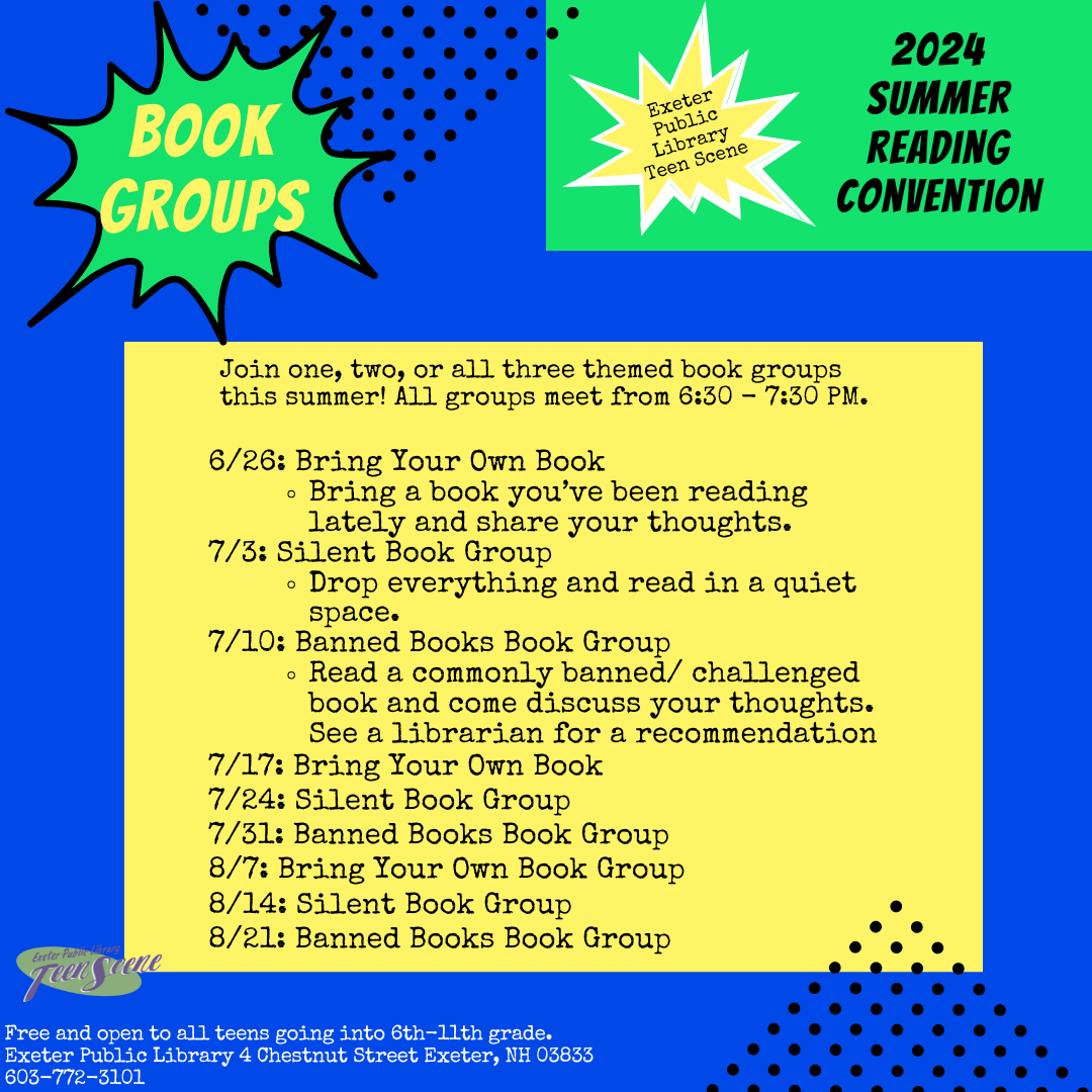 Teen Book Groups: Join one, two, or all three themed book groups. All groups meet from 6:30 to 7:30 PM