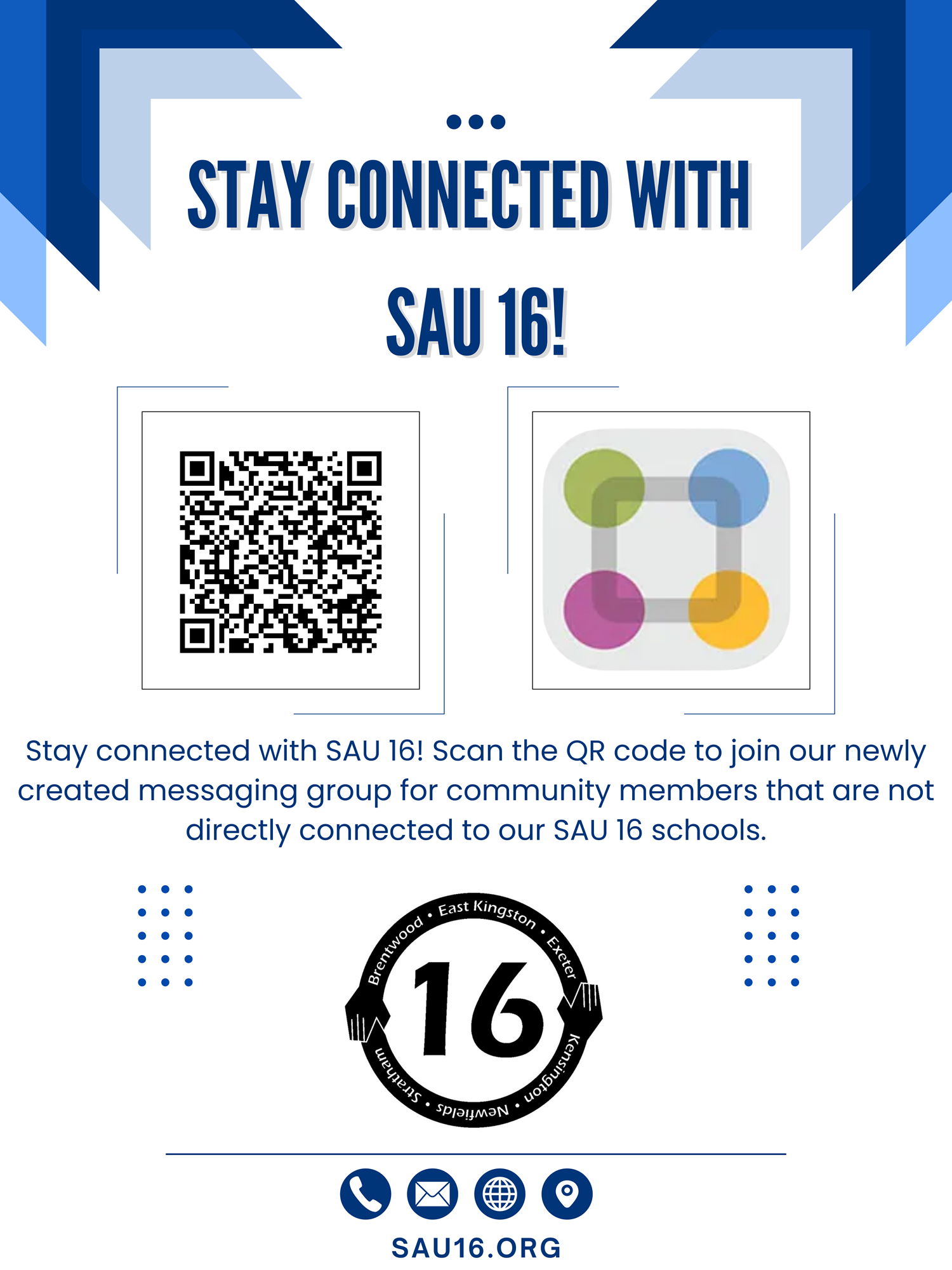 Stay connected with Sau 16! Scan the QR Code or click the button below to sign up for ParentSquare. Stay connected with Sau 16! Scan the QR Code or click the button below to sign up for ParentSquare.
