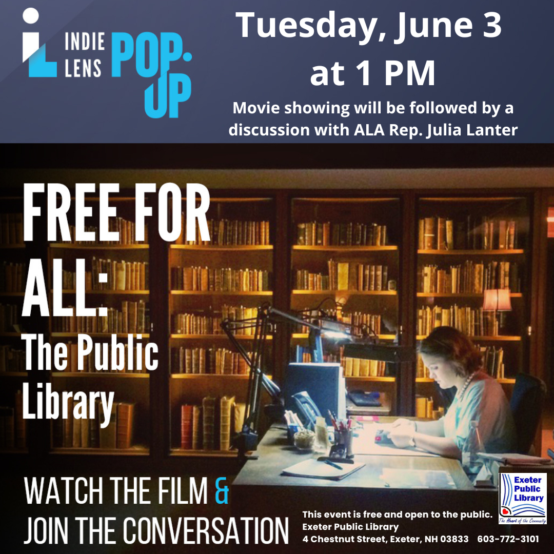 On a vertical image, the film title “Free for All: The Public Library” in bold white text, with Indie Lens Pop-Up logo over a photo of a young person sitting at a brightly lit desk with their head down in focus. The background is dimly lit, with floor to ceiling bookshelves covering the walls. Text reads “Watch the film & Join the Conversation.”