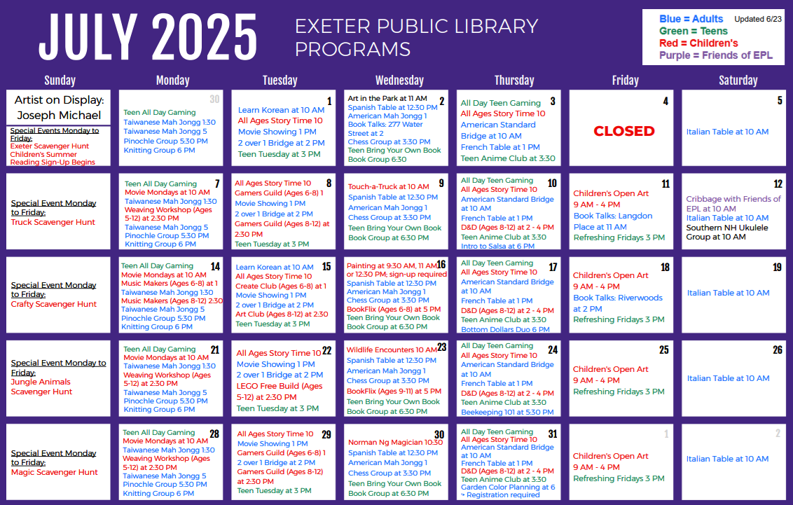 July 2025 Programs Calendar