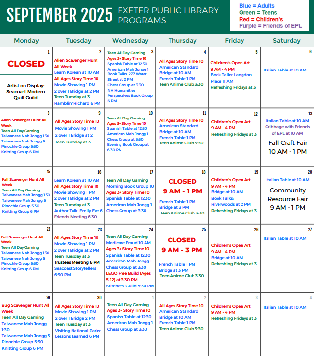 September 2025 Programs Calendar