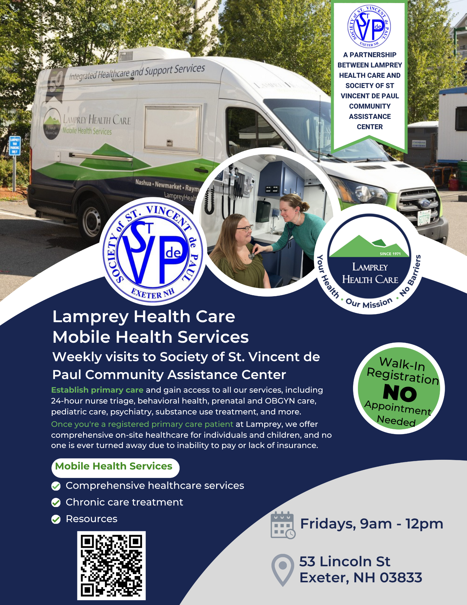 Lamprey Health Care Mobile Health visits to St. Vincent de Paul Community Assistance Center on Fridays from 9 AM - 12 PM. No appointment needed! Lamprey Health Care Mobile Health visits to St. Vincent de Paul Community Assistance Center on Fridays from 9 AM - 12 PM. No appointment needed!