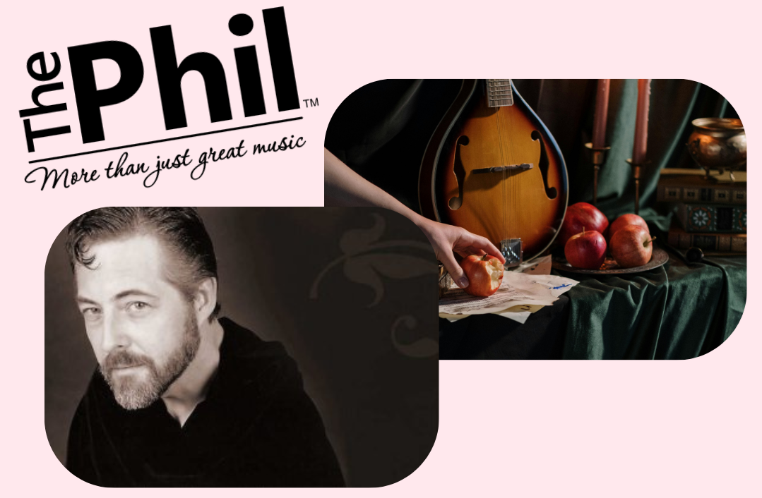 NH Philharmonic's logo with an image of a mandolin and soloist Mark-Andrew Cleveland beneath it.