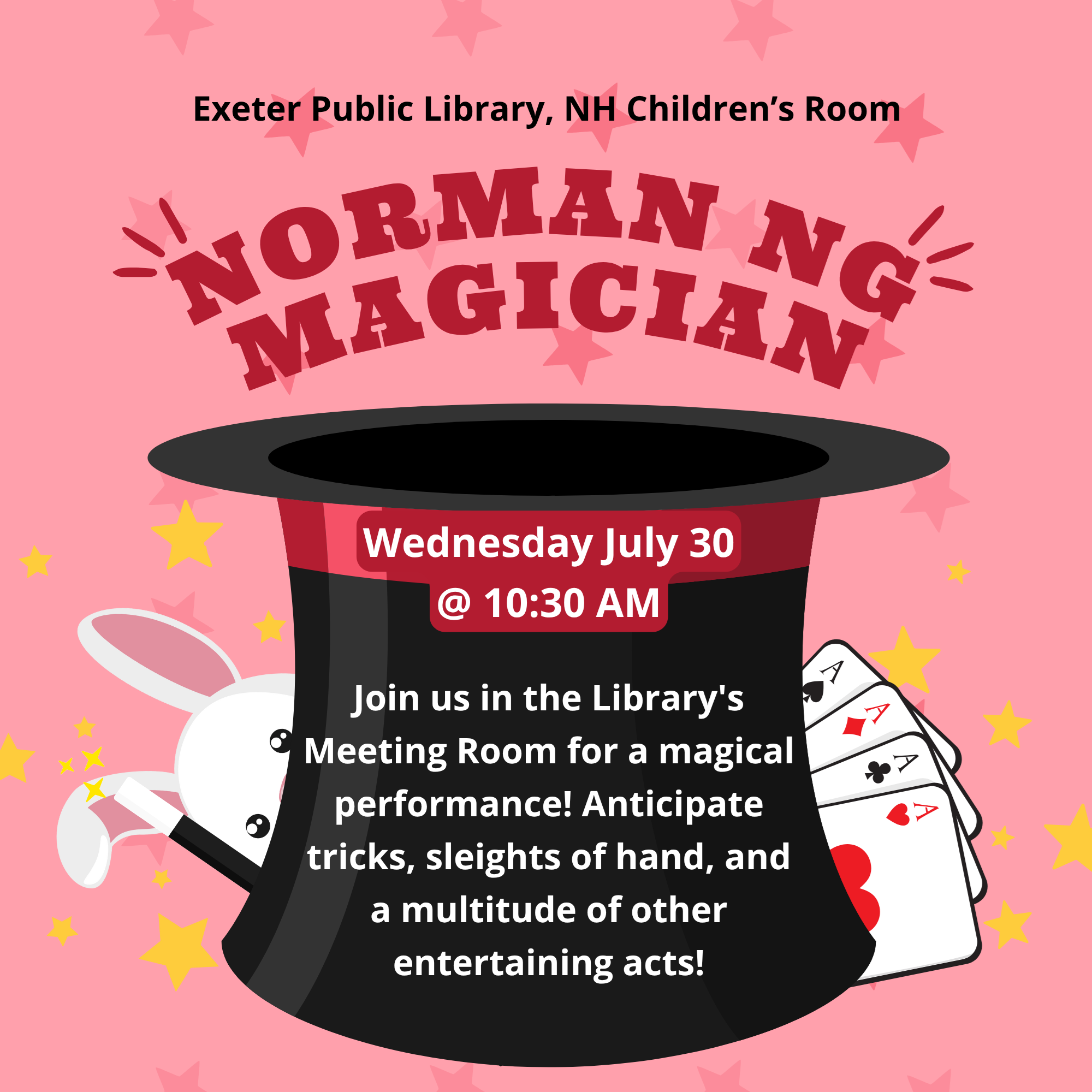 Norman Ng magician on Wednesday, July 30 at 10:30 AM. Join us in the library's Meeting Room for a magical performance! Anticipate tricks, sleights of hand, and a multitude of other entertaining acts!