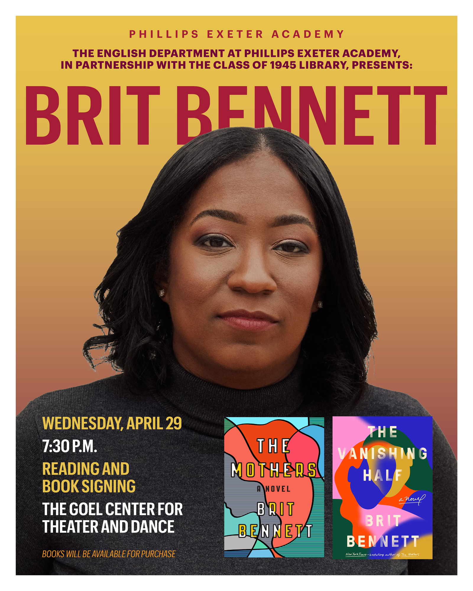 Brit Bennett Reading and Book Signing at the Goel Center for Theater and Dance on Wednesday, April 29 at 7:30 PM.
