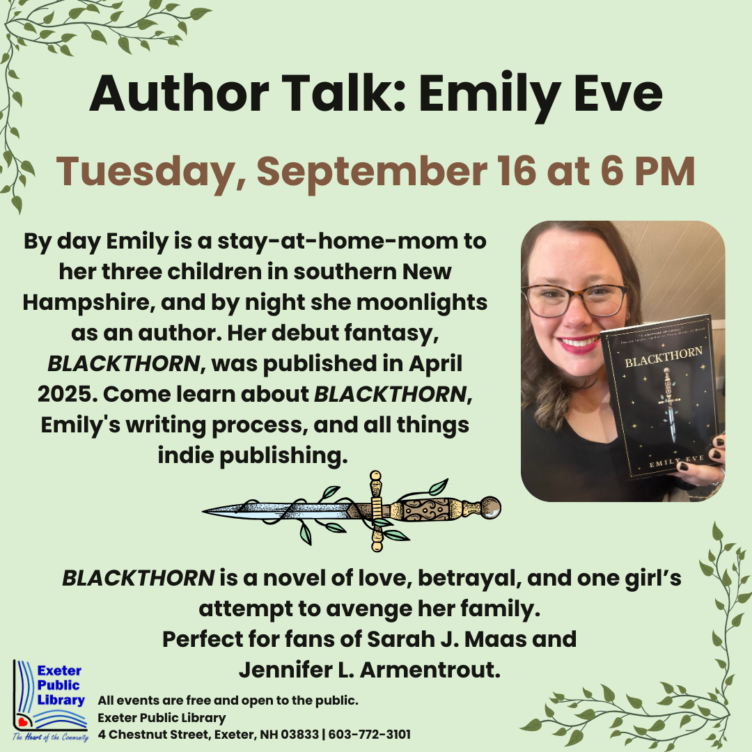 Author Talk with Emily Eve on Tuesday, September 16 at 6 PM.