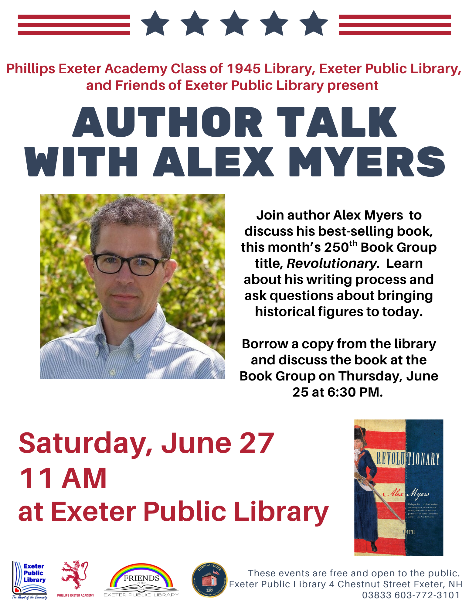 Author Talk with Alex Myers on Saturday, June 27 at 11 AM at the library.