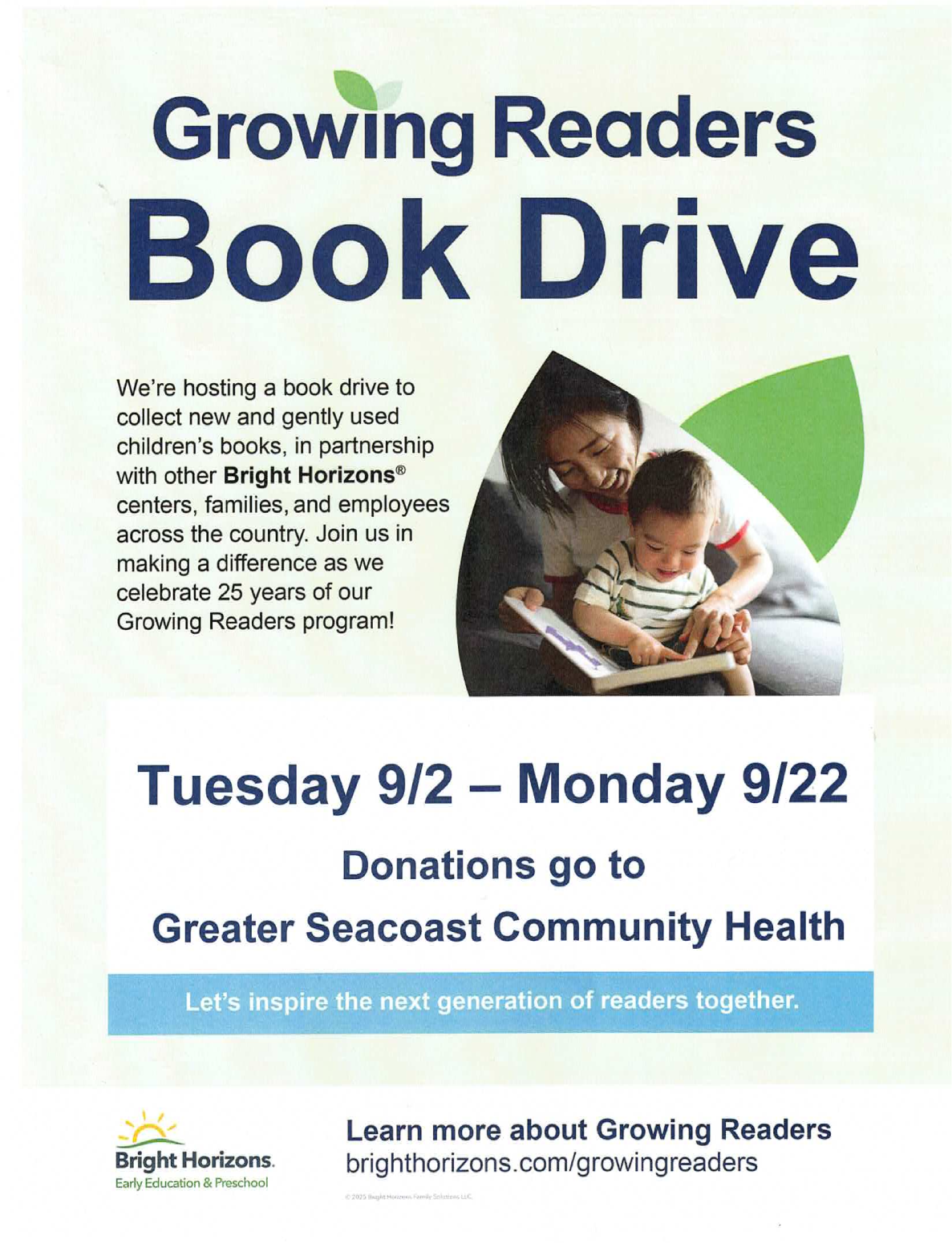 Growing Readers Book Drive from Tuesday, September 2 through Monday, September 22.