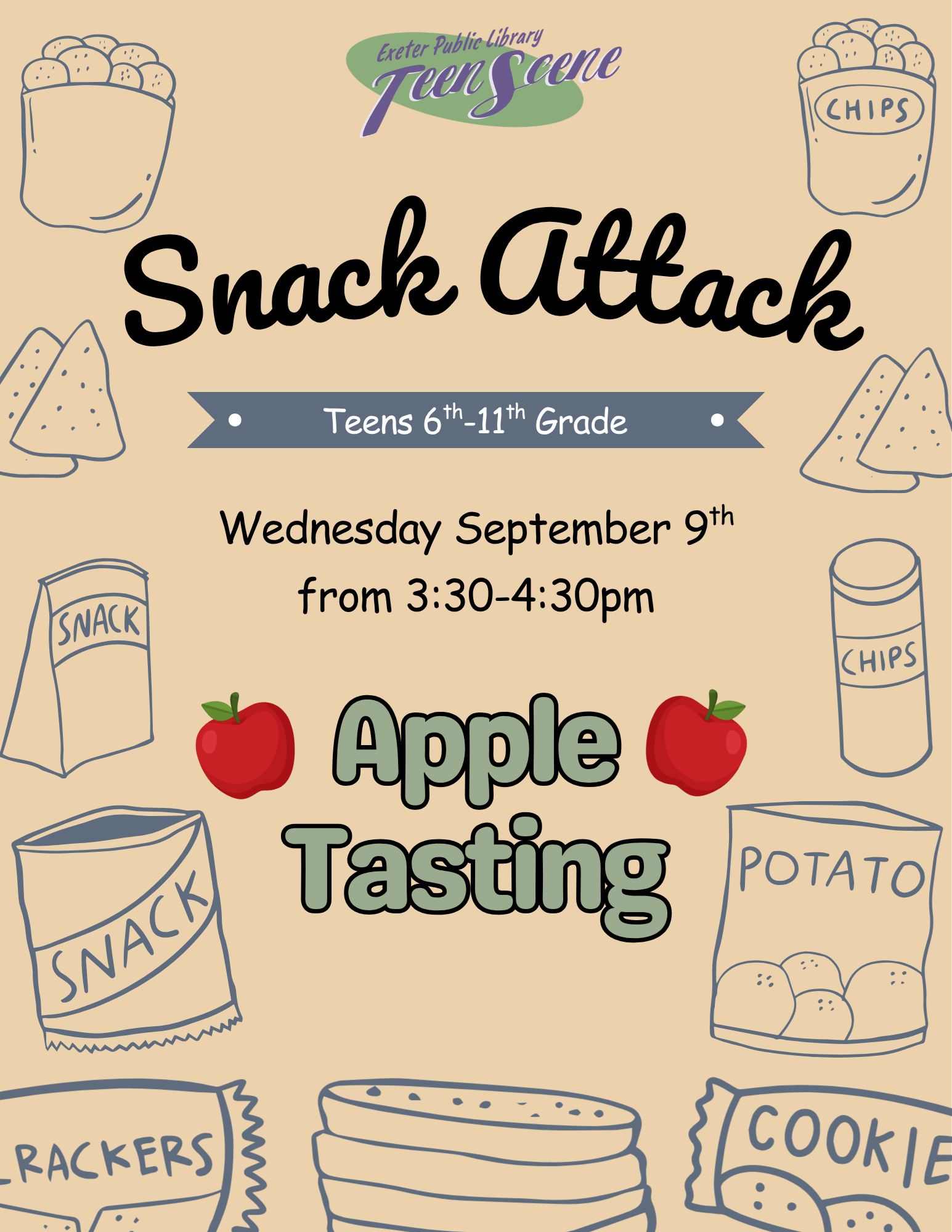 Snack Attack: Apple Tasting on Wednesday, September 9 from 3:30 - 4:30 PM.