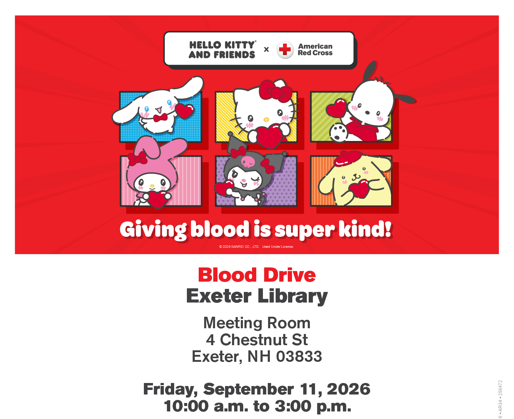 Blood Drive at the library on Friday, September 11 from 10 AM - 3 PM.
