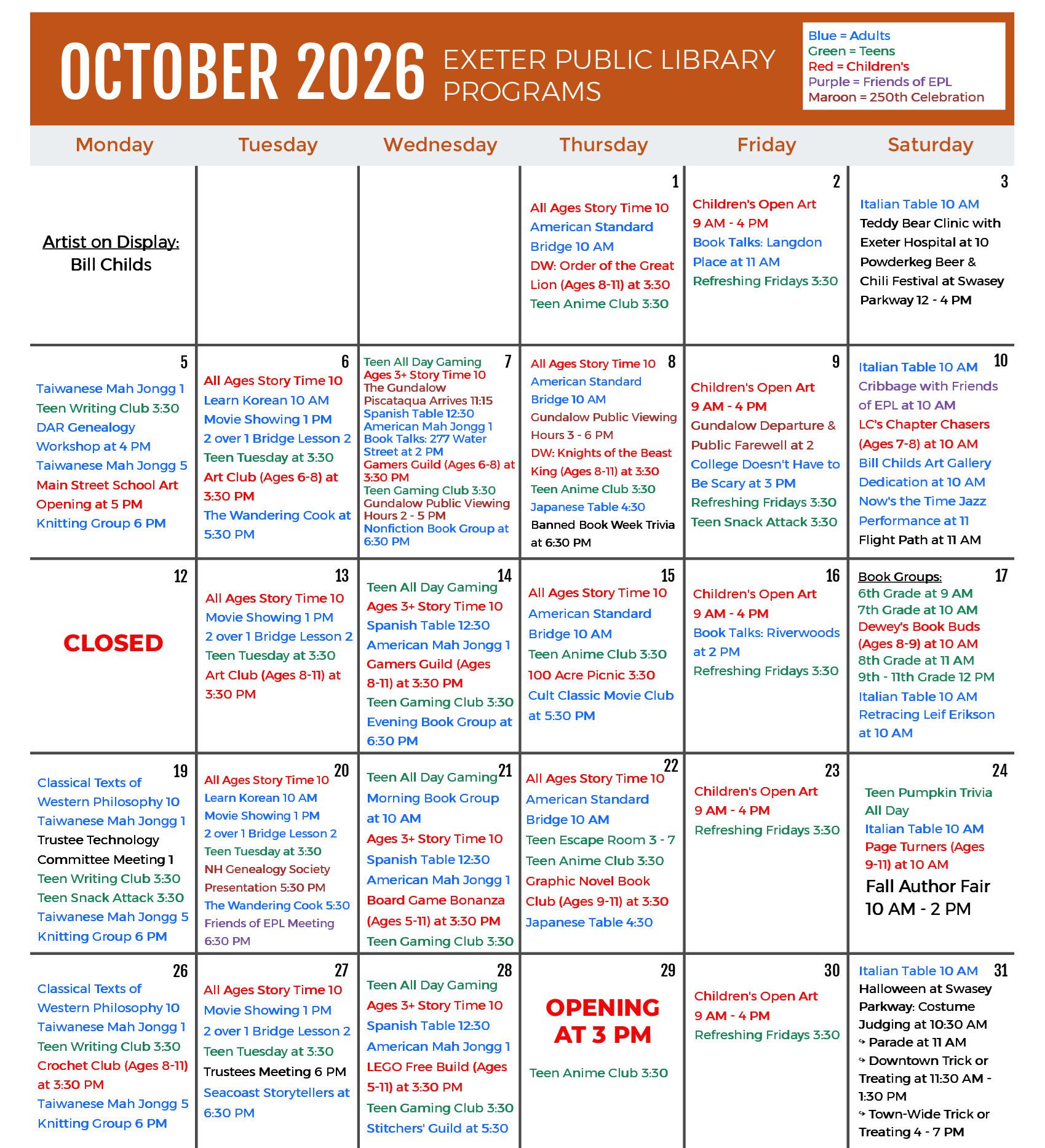 October 2026 Programs Calendar