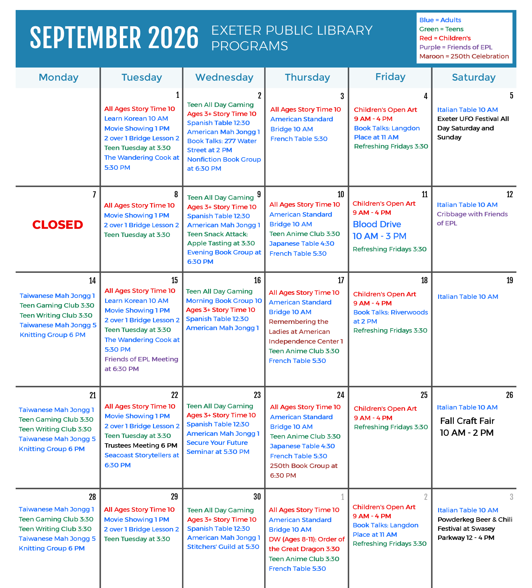 September 2026 Programs Calendar