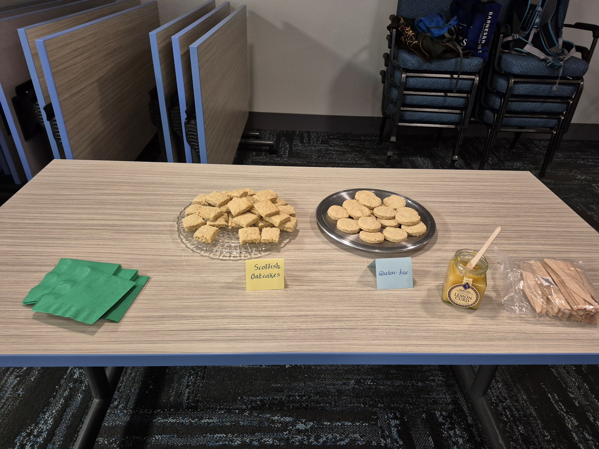 4 of 4: Scottish oat cakes, gluten-free oat cakes, and Scottish lemon curd on a table in the Meeting Room.