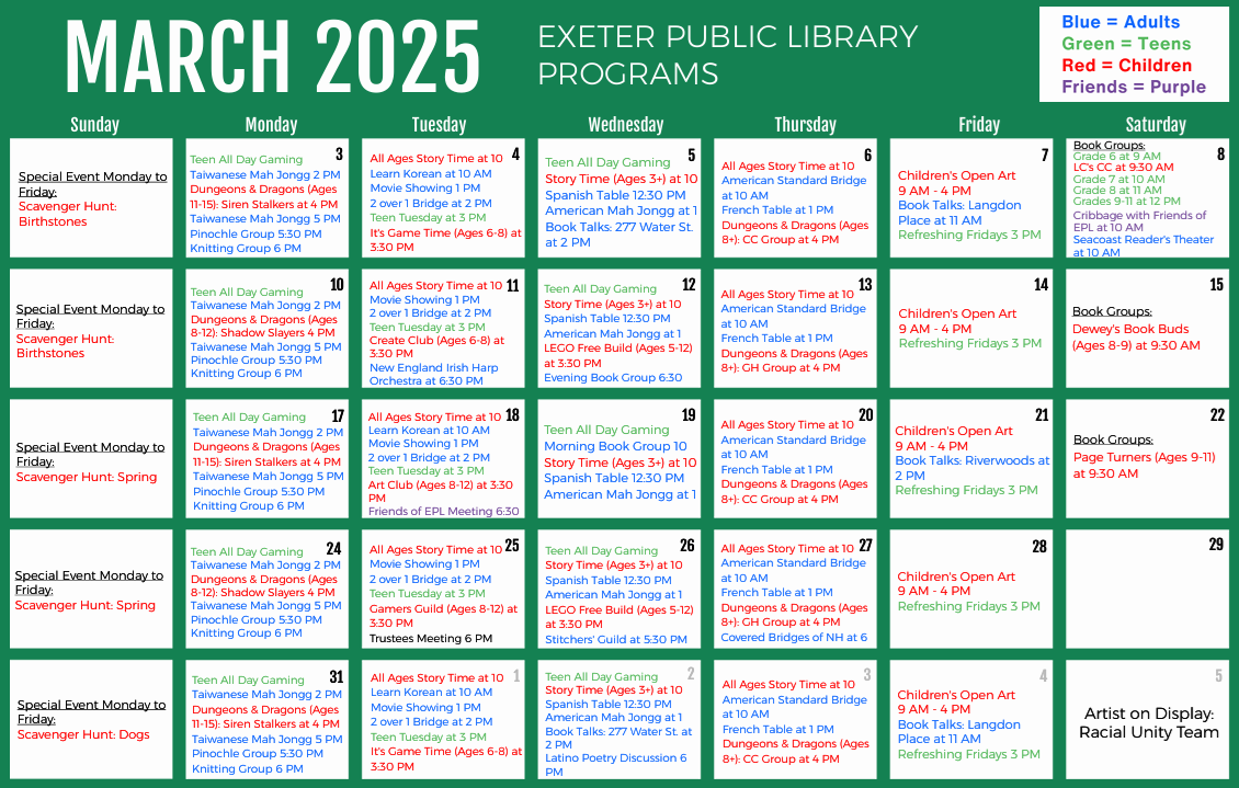 Exeter Public Library March 2025 Programs