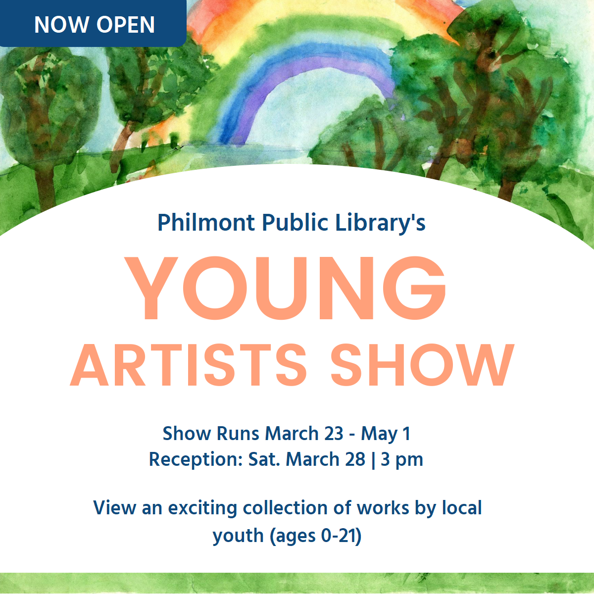 poster advertising youth art show with painting of rainbow and trees.