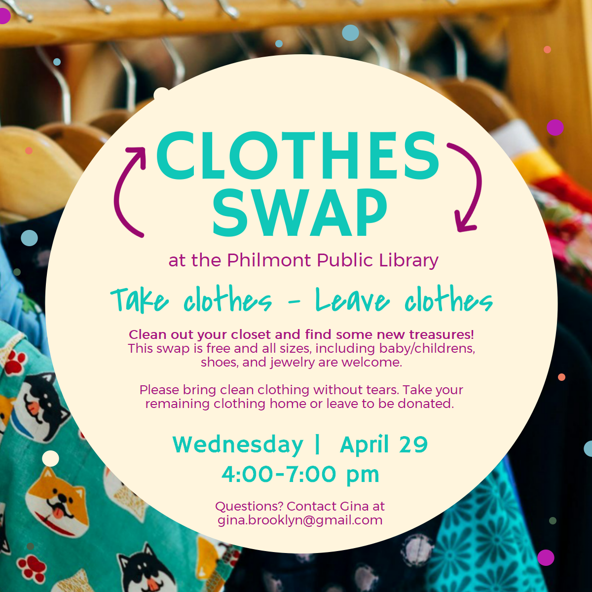 poster advertising clothing swap with background image of clothes on hangers.
