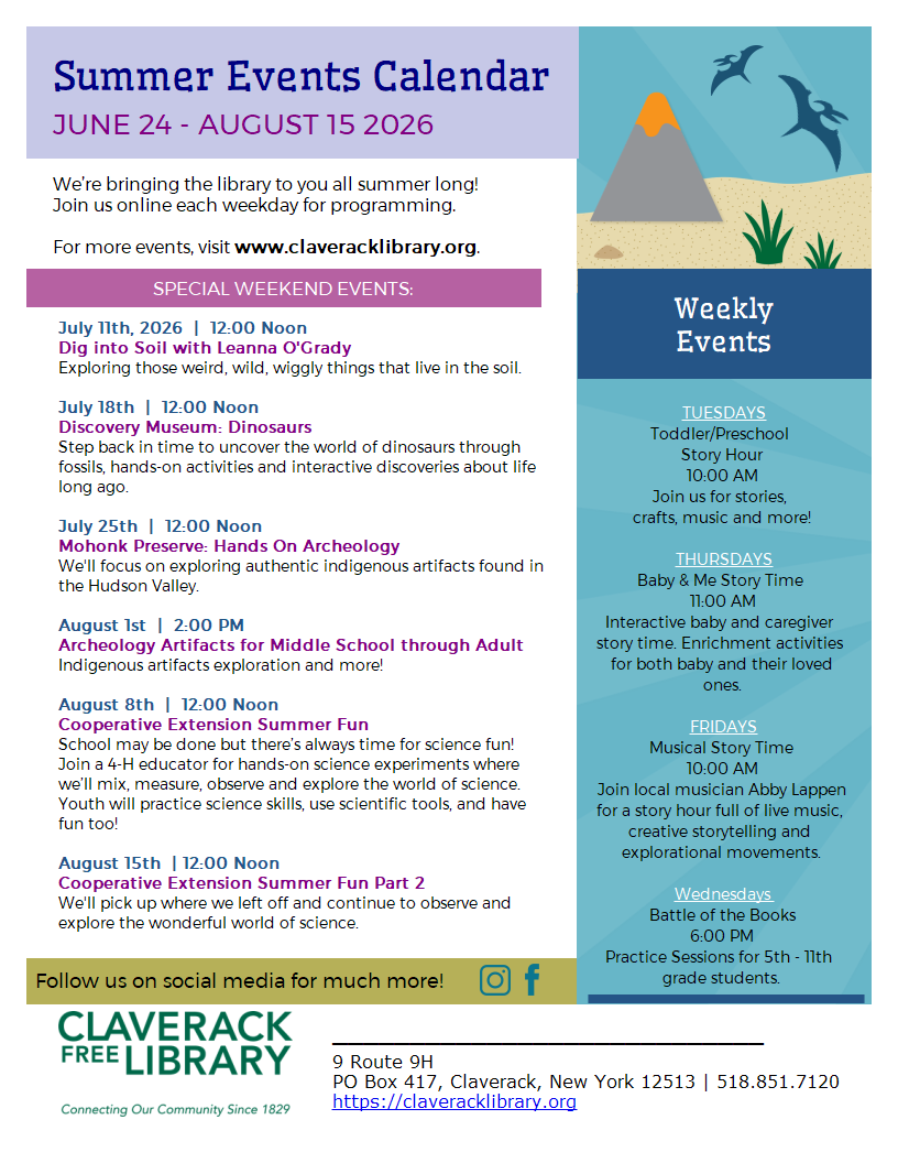 Image of a flyer with a snake held in the fingers of a person promoting the Tuesday Enrichment program for Elementary aged children. Mud Creek Environmental Learning Center will be here on April 14th, 2026  at 1:00 pm to do a program on snakes. 