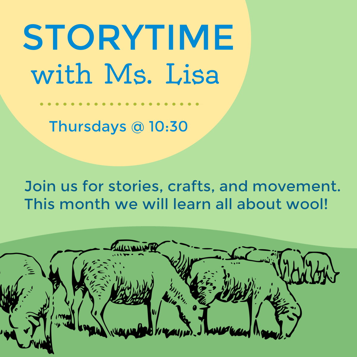 Poster advertising weekly spring storytime with image of sheep in pasture.
