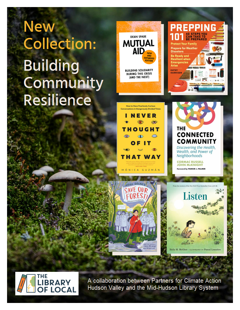 Poster advertising new book collection on building community resilience with images of six new books and background image of mushrooms.