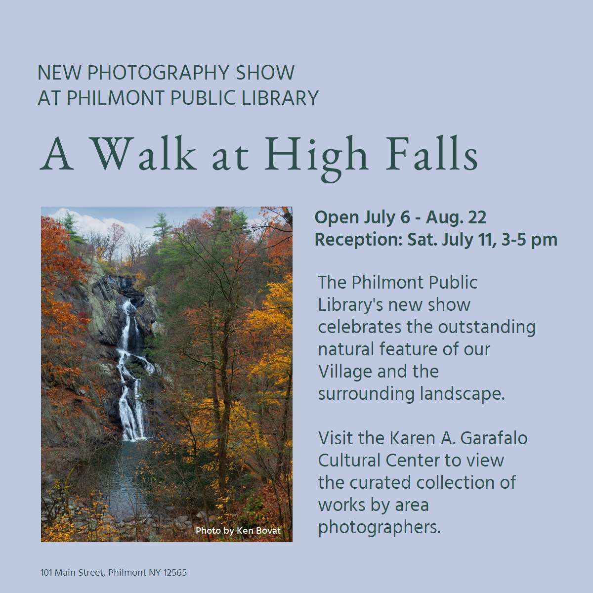 advertisement for new photography show with picture of high falls waterfall