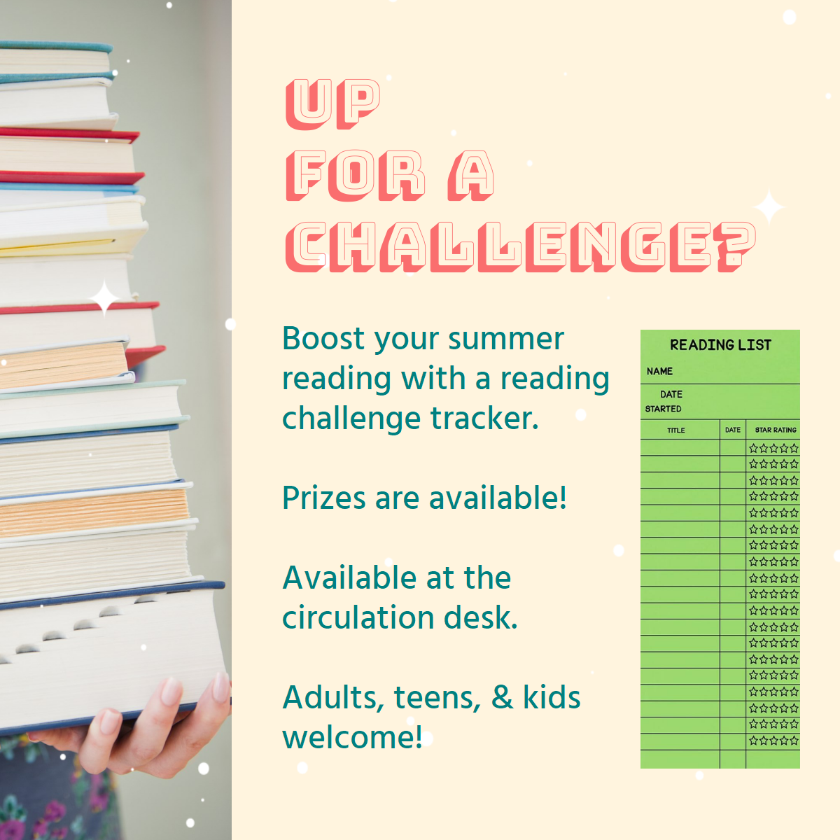 Image advertising summer reading challenge for adults with image of reading tracker bookmark and stack of books.
