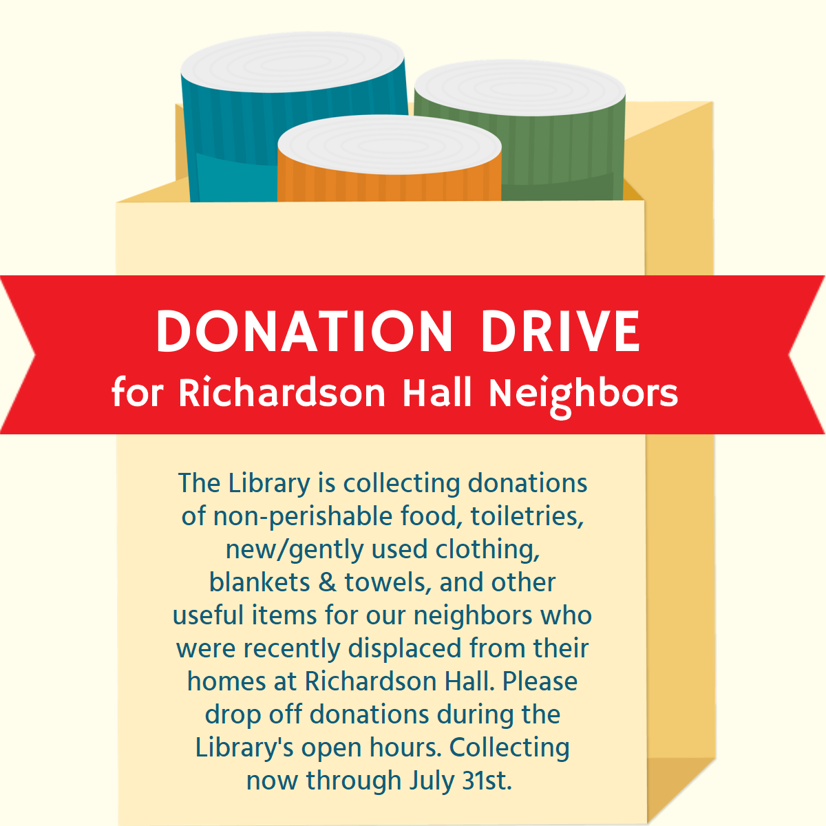 Image of donation bag with items to advertise special drive for Richardson Hall residents that were displaced. 