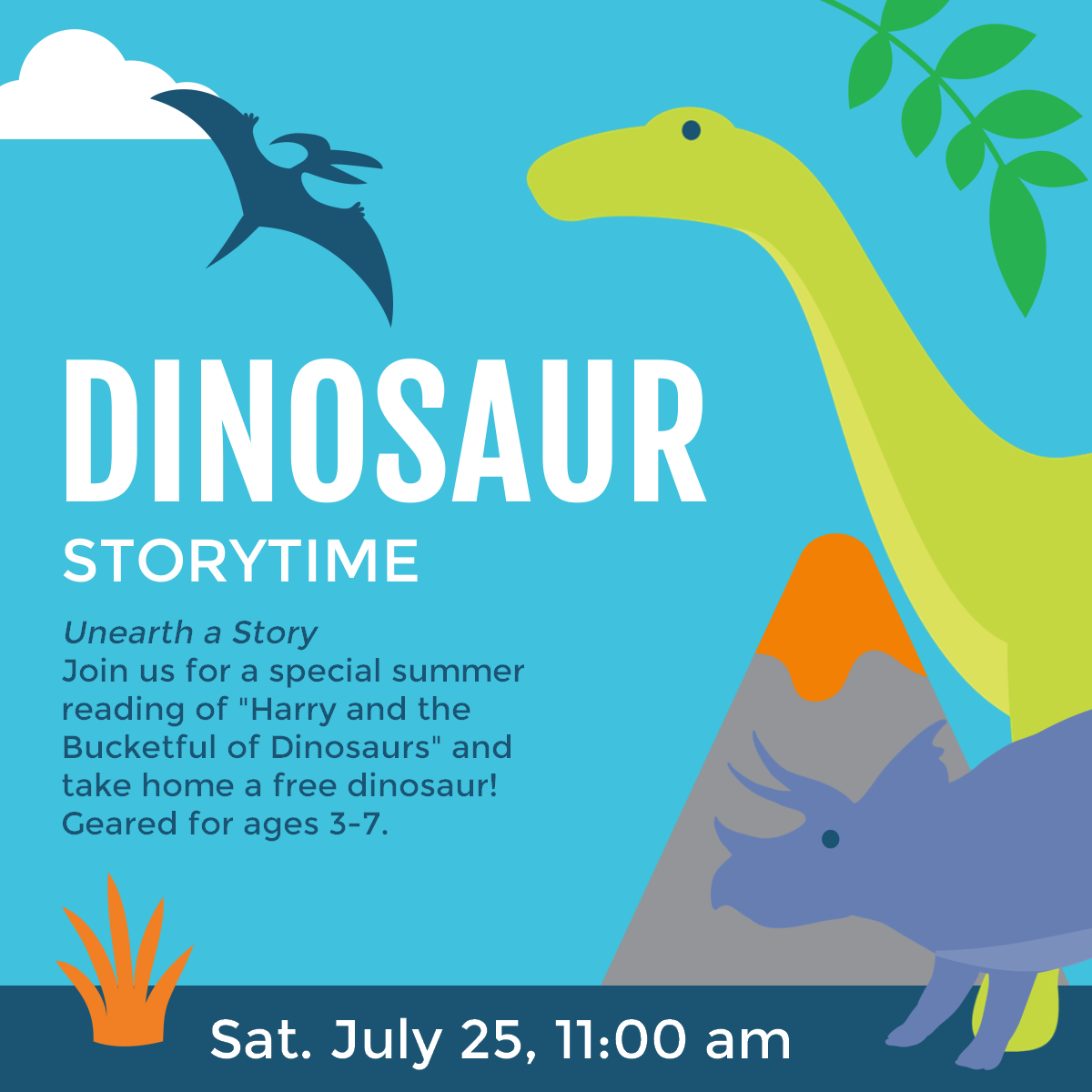 Poster with images of dinosaurs advertising storytime.
